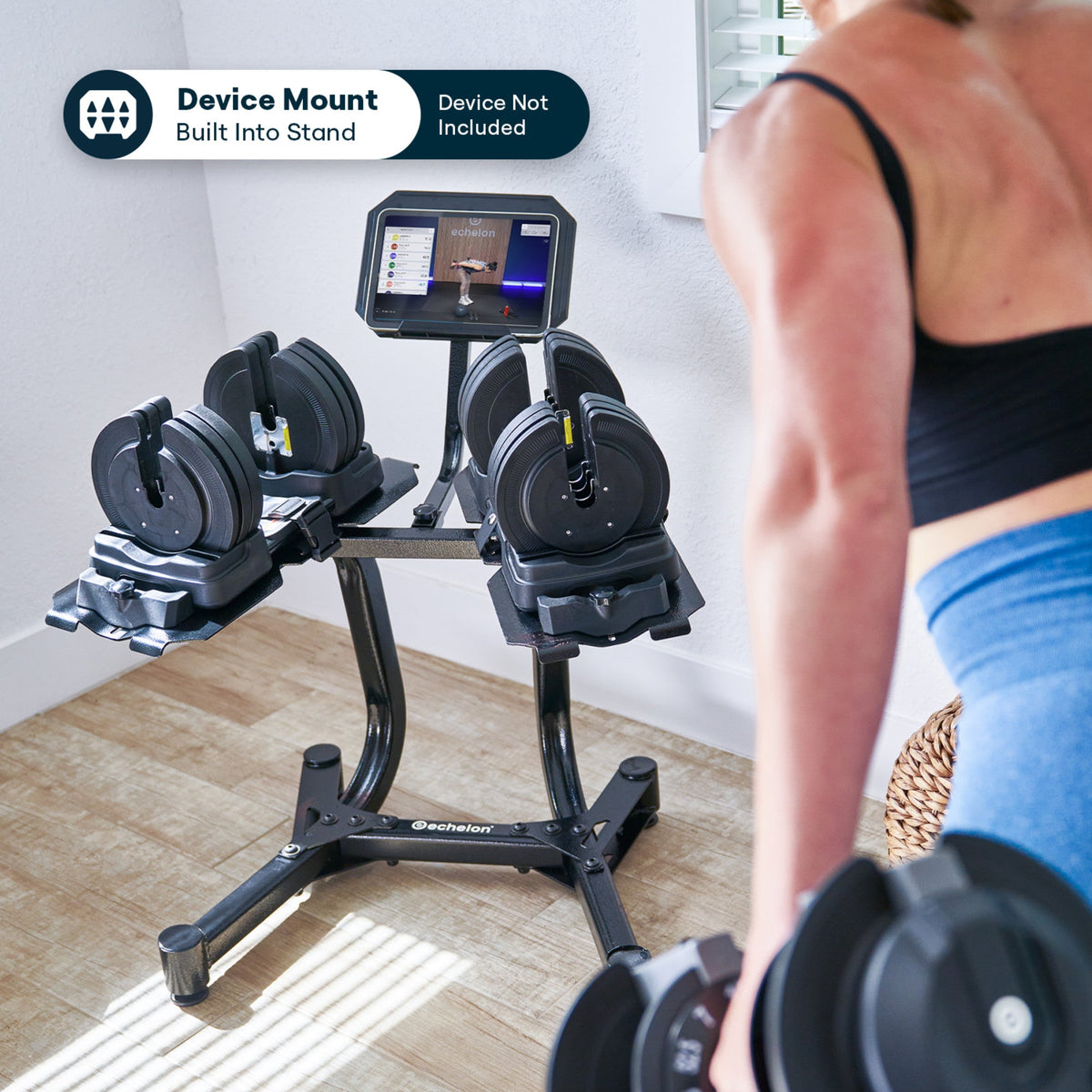 Echelon Adjustable Dumbbells Set 7–52.5 lbs with Stand, Quick Weight Adjustment, Space-Saving Design