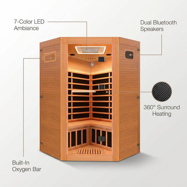 Multifunctional 2-3 Person Infrared Sauna for Home, 2180W Indoor Sauna with 7-Color LED Ambient Light, Red Light Feature, Oxygen Bar, Dual Bluetooth Speakers, 360° Surround Heating — Lifestyle