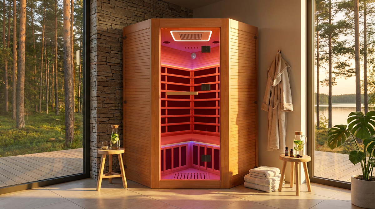 Multifunctional 2-3 Person Infrared Sauna for Home, 2180W Indoor Sauna with 7-Color LED Ambient Light, Red Light Feature, Oxygen Bar, Dual Bluetooth Speakers, 360° Surround Heating — Lifestyle