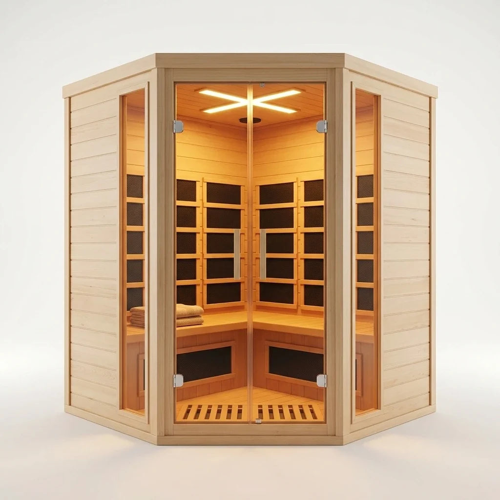 2-Person Corner Far Infrared Sauna Room - Hemlock Wood, Deluxe Transparent Glass Front, Large Capacity Home Sauna — Studio Shot