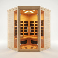 2-Person Corner Far Infrared Sauna Room - Hemlock Wood, Deluxe Transparent Glass Front, Large Capacity Home Sauna — Studio Shot