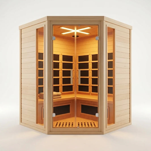 2-Person Corner Far Infrared Sauna Room - Hemlock Wood, Deluxe Transparent Glass Front, Large Capacity Home Sauna — Studio Shot