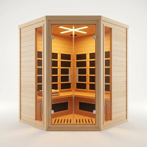 2-Person Corner Far Infrared Sauna Room - Hemlock Wood, Deluxe Transparent Glass Front, Large Capacity Home Sauna — Studio Shot