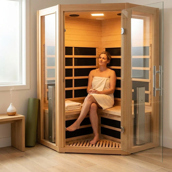 Corner Infrared Sauna Built for Two, Hemlock Wood Construction, LCD Controls, Bluetooth Audio System
